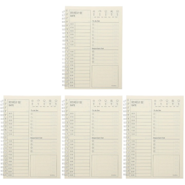 Carnet planner spiralat YANYXR BCS2914880, pagini zilnice cu orar 06:00–23:00 si sectiuni To do/Important/memo, crem, 4 buc, 19 x 13 x 2 cm