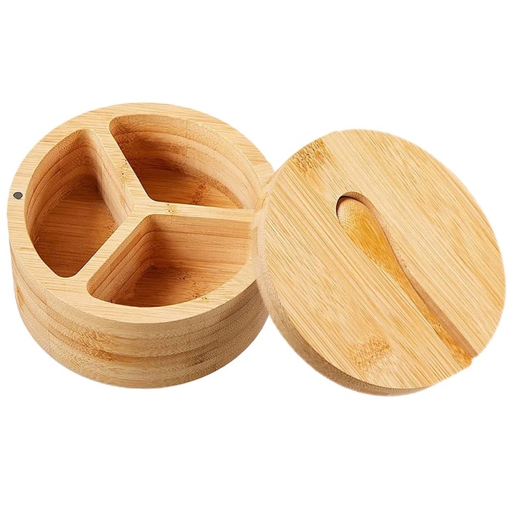 Cutie pentru condimente YANYXR BCS2915523, bambus, 3 compartimente, capac magnetic cu lingurita, natural, 12 x 12 x 6 cm