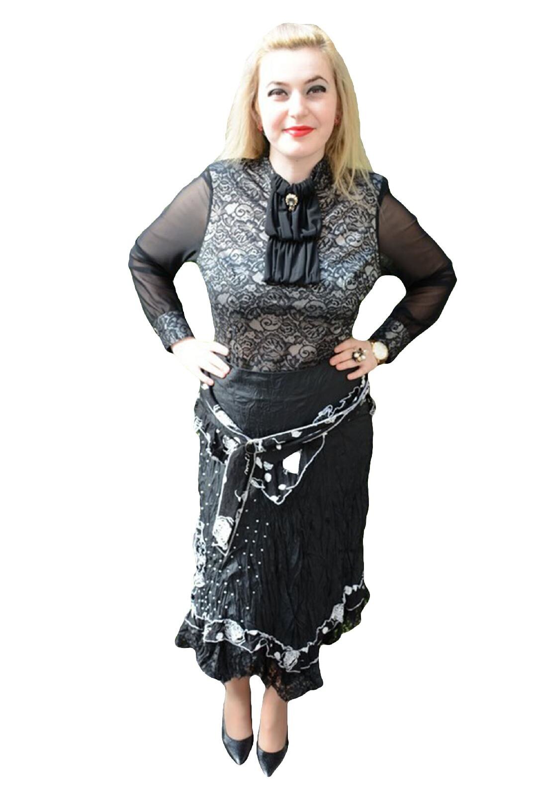 Fusta rafinata, de primavara-vara, D&J Exclusive, Negru/Alb