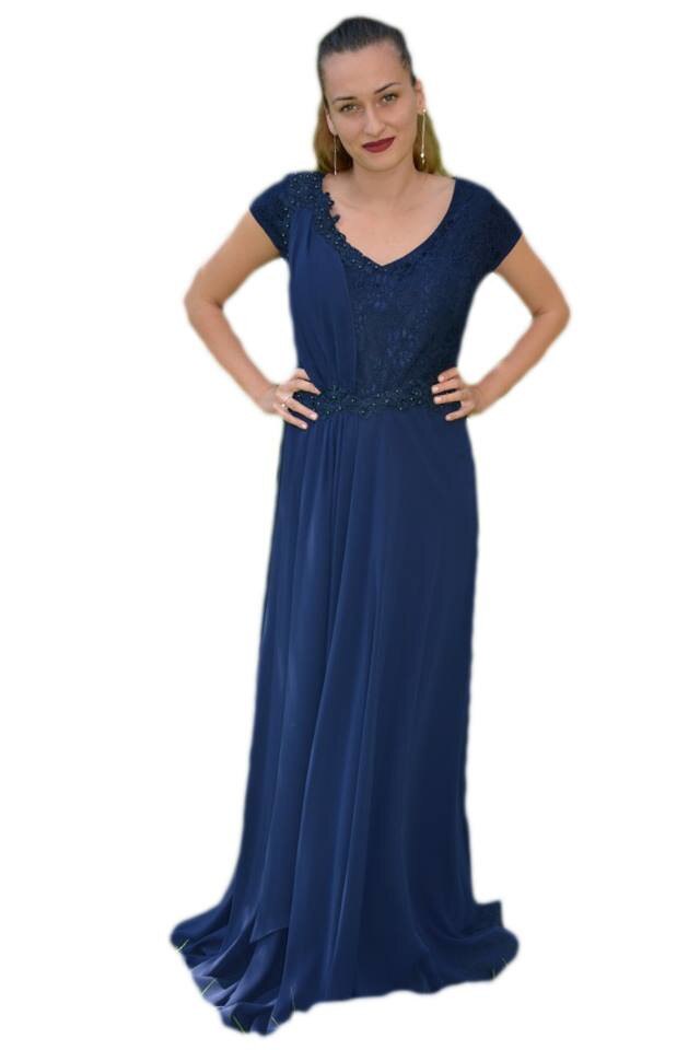 Rochie eleganta, de seara, voal cu insertii de dantela , D&J Exclusive, Albastru marin