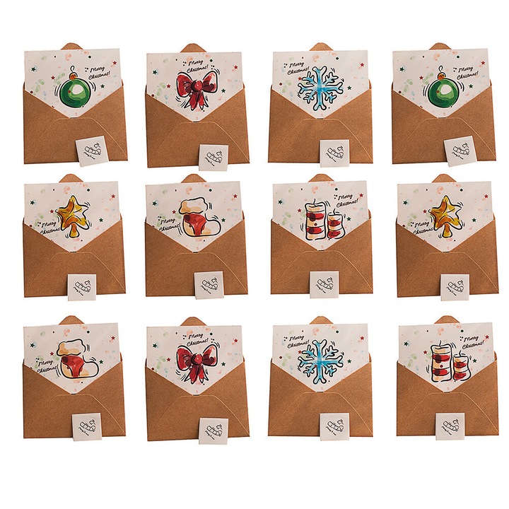 YANYXR BCS2914444 karácsonyi üdvözlőlapok, 12 db-os szett, válogatott rajzfilm minták kraft borítékokkal, Többszínű, 11.5 x 8.5 cm