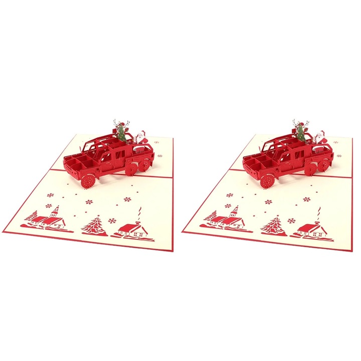 YANYXR BCS2914449 karácsonyi pop-up üdvözlőlap, 3D Mikulással és kamionnal, papír, piros/krémszínű, 2 db-os szett, 20 x 15 cm