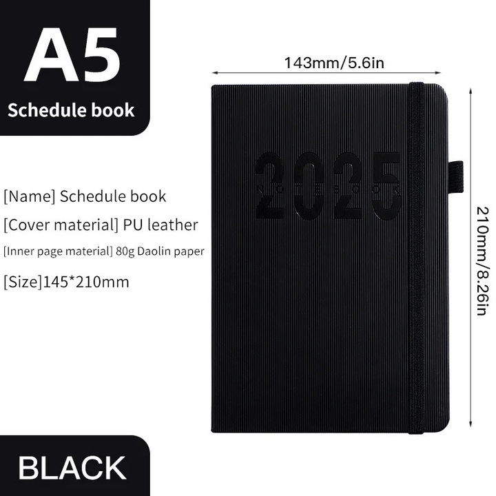 Agenda 2025 YANYXR A5 cu coperta din piele PU, refilabila, format saptamanal/lunar, suport pix si elastic, negru, 145 x 210 mm