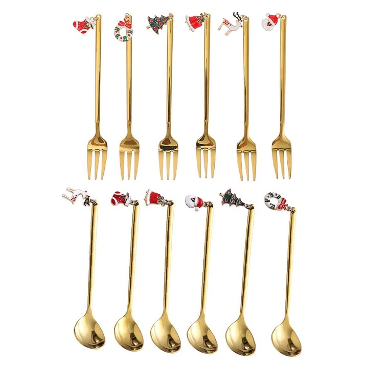 YANYXR BCS2915635 evőeszközkészlet, rozsdamentes acél kanalak és villák arany bevonattal és karácsonyi medálokkal, arany, 12 db, 13.5 cm