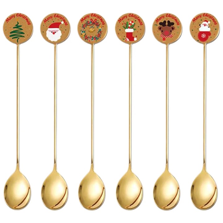 YANYXR BCS2915636 rozsdamentes acél kávéskanalak, arany bevonat karácsonyi díszítéssel, 6 darabos készlet, 16 cm