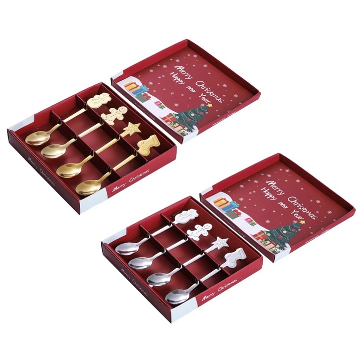 YANYXR BCS2915709 desszert- és kávéskanál készlet, rozsdamentes acél, 4 db, dekoratív karácsonyi témájú fogantyúk, arany/ezüst, díszdoboz