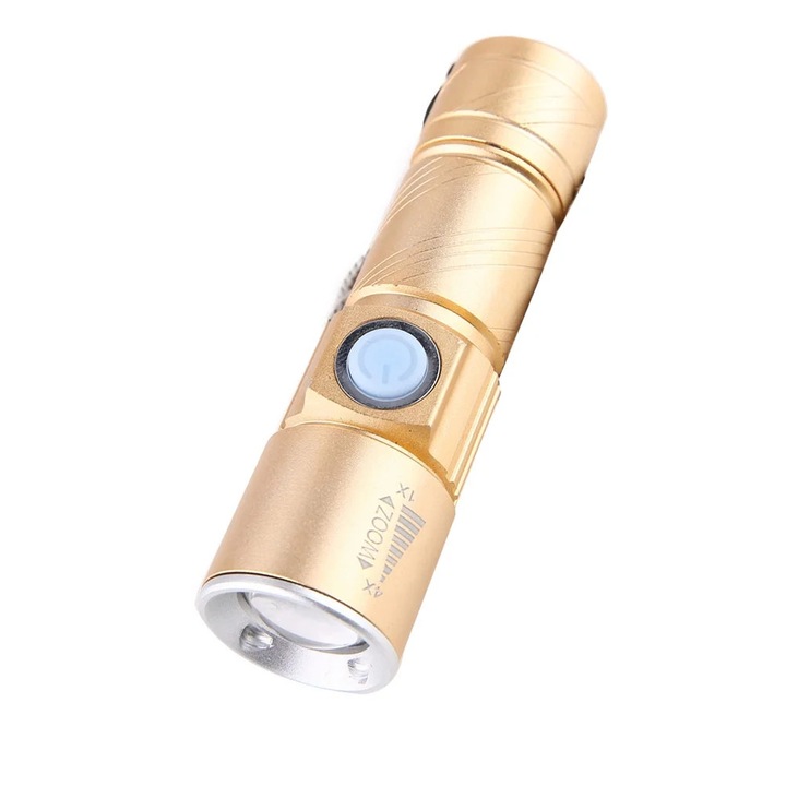 Lanterna LED ZYBLSSBB LSM2xh3100-BCS0134959, mini reincarcabila USB, zoom, corp din aluminiu, auriu, 9.3 x 2.6 x 2.4 cm