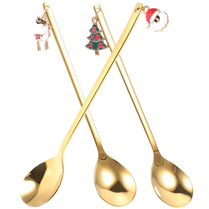 YANYXR BCS2915575 3 darabos rozsdamentes acél desszertkanál készlet karácsonyi témájú medálokkal, arany, 14 cm