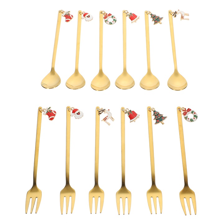 YANYXR BCS2915693 desszert evőeszköz készlet, 6 aranyozott rozsdamentes acél kanál és 6 villa, karácsonyi témájú díszítések, kanál 13,7 cm, villa 14 cm