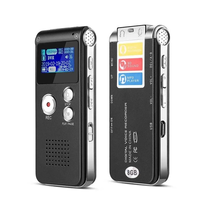 Дигитален диктофон K0323-0807-CJ170, 8GB, LCD, запис WAV/MP3, MP3 плейър, USB 2.0, вграден високоговорител, черен