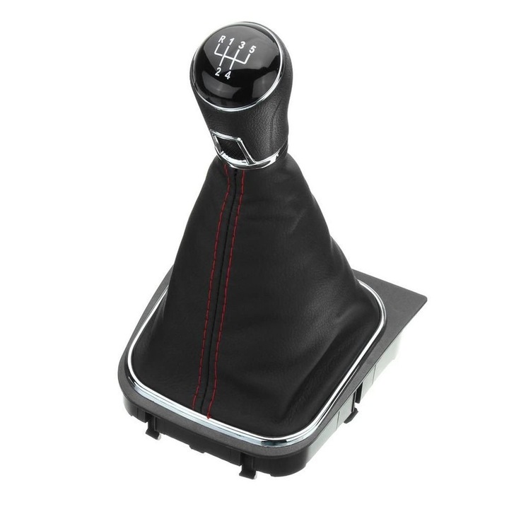 Bőr + ABS váltókar szoknya Volkswagen Golf 5 MK5 R32/GTI modellekhez, piros varrással, fekete, 5/6 sebességes, K0323-0807-CJ893