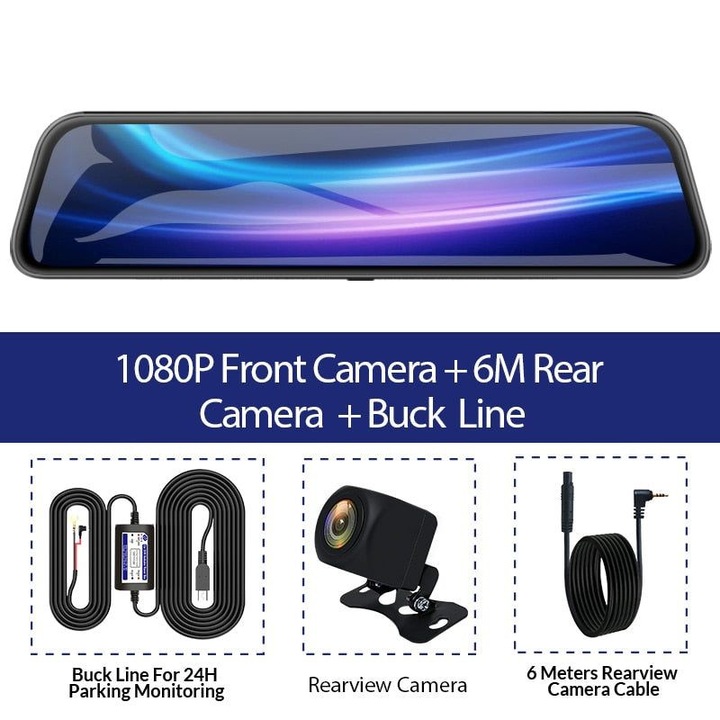 Oglinda DVR auto A20P K0323-0807-CJ2391, ecran tactil 9,66 inch, camera frontala 1080P 170°, camera spate 1080P cu cablu 6 m, dual lens, night vision, G-sensor, negru