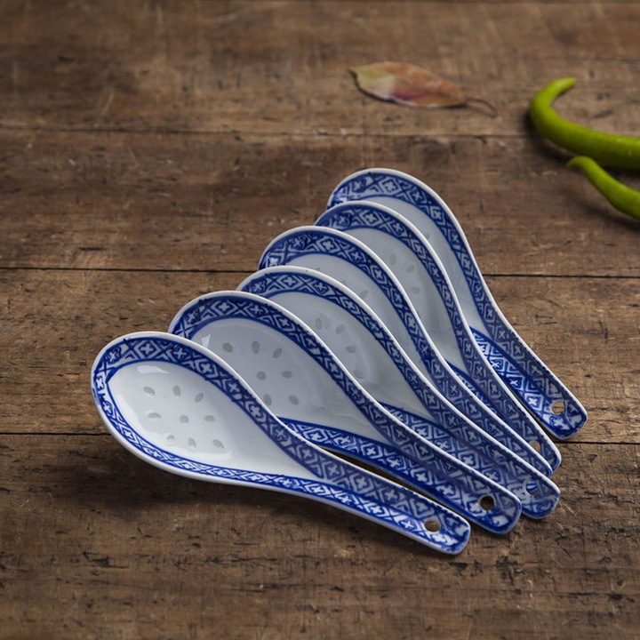 Linguri pentru supa din ceramica model traditional chinezesc K0323-0807-CJ554, set 5, alb/albastru, 13 x 4.5 cm