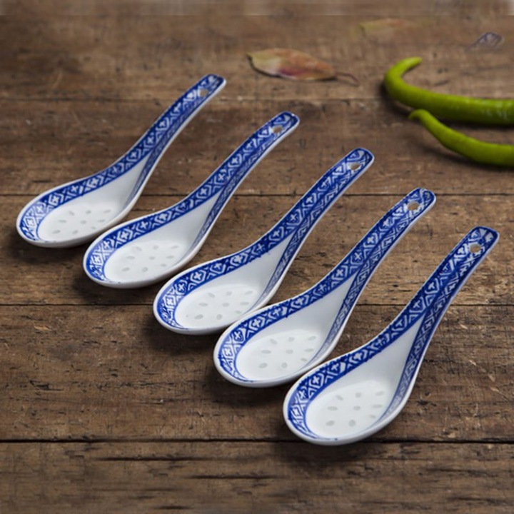 Linguri pentru supa din ceramica model traditional chinezesc K0323-0807-CJ554, set 5, alb/albastru, 13 x 4.5 cm
