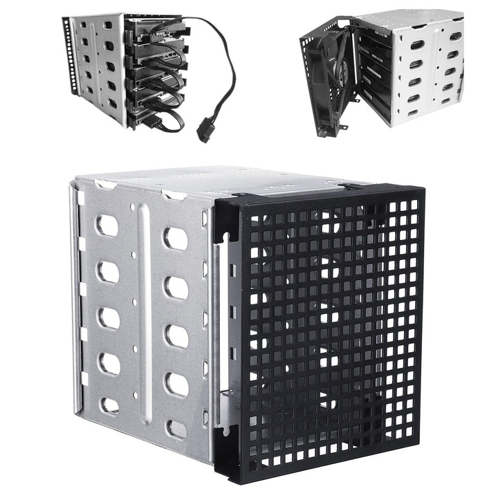 Поддръжка на HDD за 5x 3.5" в 5.25" слот K0323-0807-CJ2237, неръждаема стомана 304, слот за 12 см вентилатор, сребрист/черен