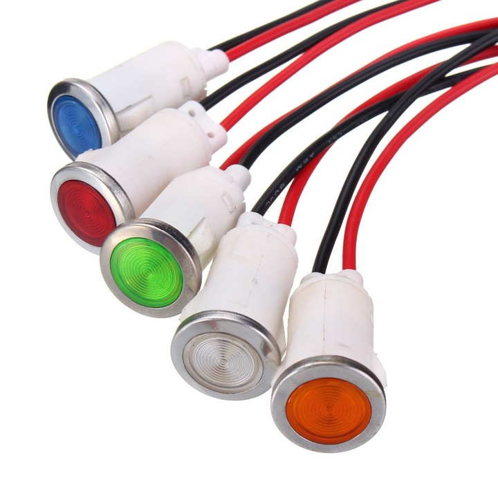 Jelző LED panel 12V FL1P-12.5QW-2, 12,5 mm-es rögzítés, többszínű (piros/sárga/kék/zöld/fehér), kábellel, K0323-0807-CJ2444