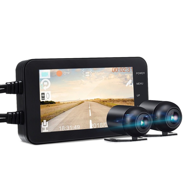 Camera DVR pentru motocicleta K0323-0807-CJ5007, ecran 4" Full HD, dual 1080P frontal / 720P spate, unghi 140°, camere IP67, unitate IP5X, Wi-Fi, inregistrare bucla, microSD pana la 128GB, alimentare DC 12V/1A