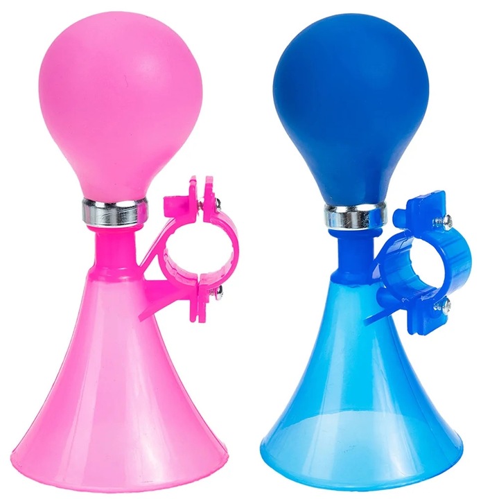 Claxon cu pompa pentru bicicleta ZYBLSSBB LSM2xh1084-BCS0098159, din plastic, montare pe ghidon, compact, 15 x 7.2 x 7.2 cm, roz/albastru, set 2 buc