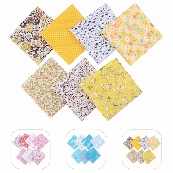 Anyag pamut patchworkhöz K0323-0807-CJ5216, 7 darabos szett, 25 x 25 cm-es négyzetek, virágos és pöttyös minták, többszínű, quiltinghez