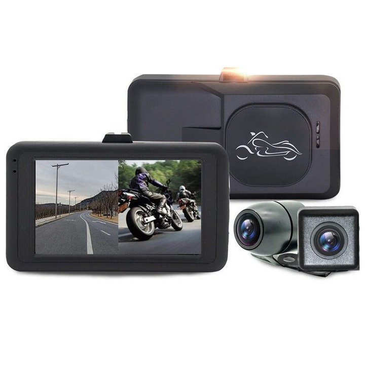 Camera bord pentru motocicleta K0323-0807-CJ153, DVR 3.0 inch, camera frontala 720p + spate VGA, lentile waterproof 120°, inregistrare ciclica (loop), microSD pana la 32GB, negru
