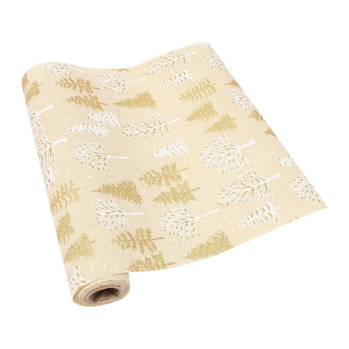 YANYXR BCS2917693 asztali futó, textil, arany és fehér karácsonyi fa mintával, bézs, 275 x 28 cm
