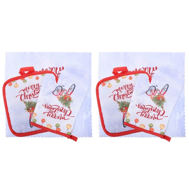 Konyhai kiegészítő szett YANYXR BCS3561147, sütőkesztyű 27x14 cm, edényfogó 17.5x17.5 cm és törölköző 60x30 cm, Merry Christmas mintával, fehér/piros