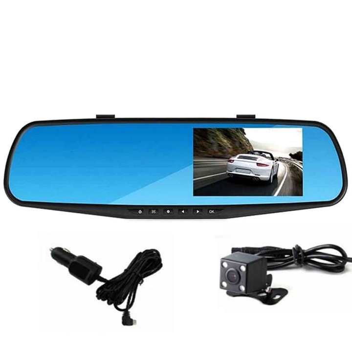 Camera DVR auto oglinda K0323-0807-CJ7616, Full HD 1080P, ecran 4.3 inch, dual lens cu camera spate, unghi 140°, vedere nocturna, G-sensor, microSD pana la 64GB