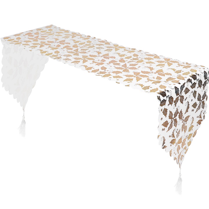 YANYXR BCS2917659 textil asztali futó, arany levelek mintával bojtos, fehér/arany, 180 x 34 cm