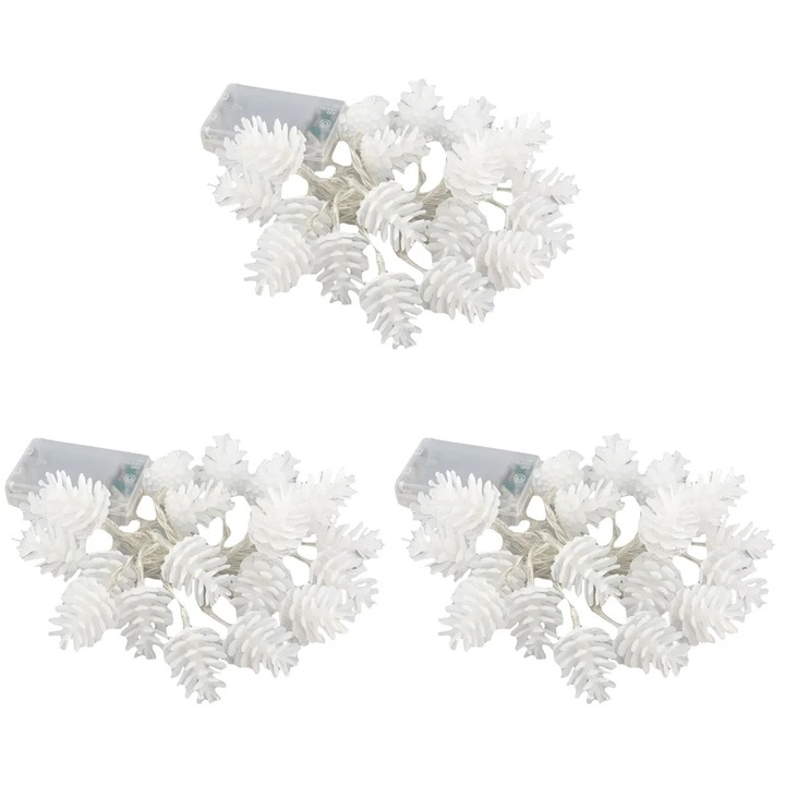 YANYXR BCS2918756 világító füzér, szimulált fenyőtobozok, 20 LED, elemes tápellátás, vízálló, fehér, 3 x 2 m-es szett