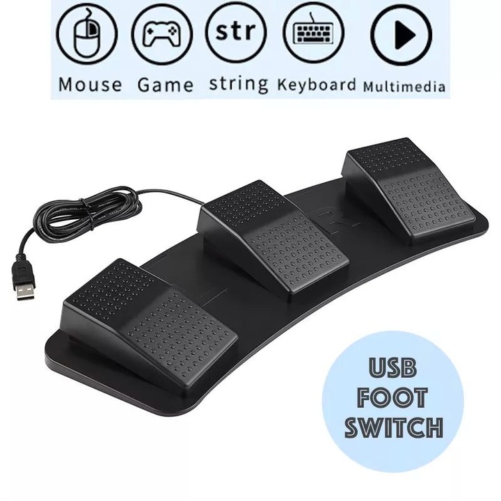 USB lábpedál FS23-P, 3 programozható pedál, USB interfész, 2 m kábel, fekete, 365 x 143 x 41 mm