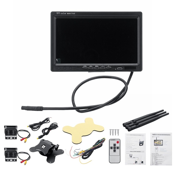 Monitor auto wireless cu 2 camere 7 inch, vedere nocturna IR, rezistent la apa IP68, antene 2.4 GHz, set complet, negru, K0323-0807-CJ11858