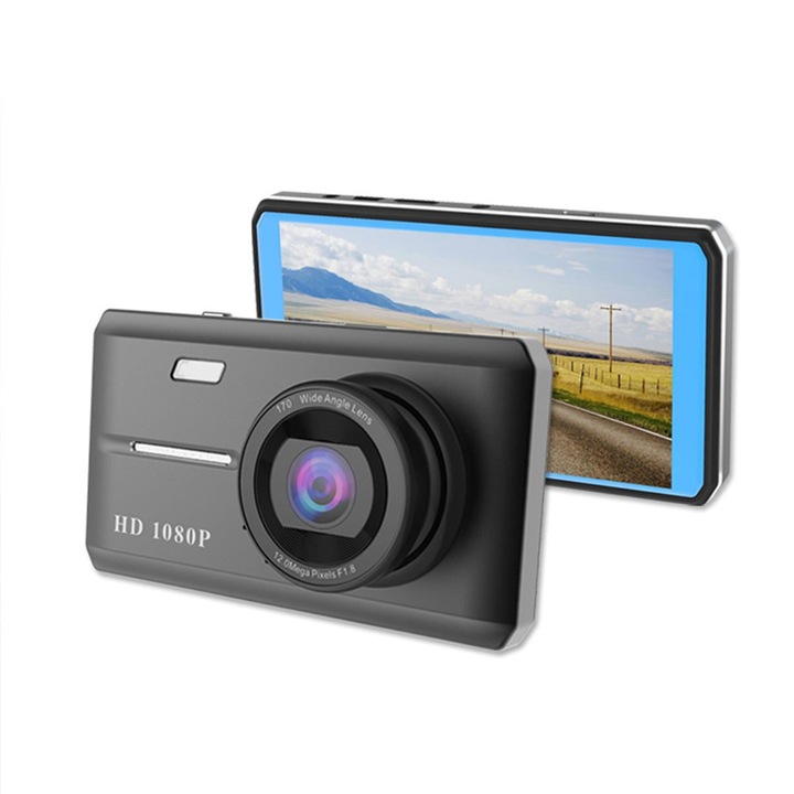 Camera auto DVR HK108 K0323-0807-CJ8283, dual lens fata+spate 1080P, ecran tactil 4.5 inch, lentila 170°, vizibilitate nocturna, G-senzor, microSD pana la 32GB, negru