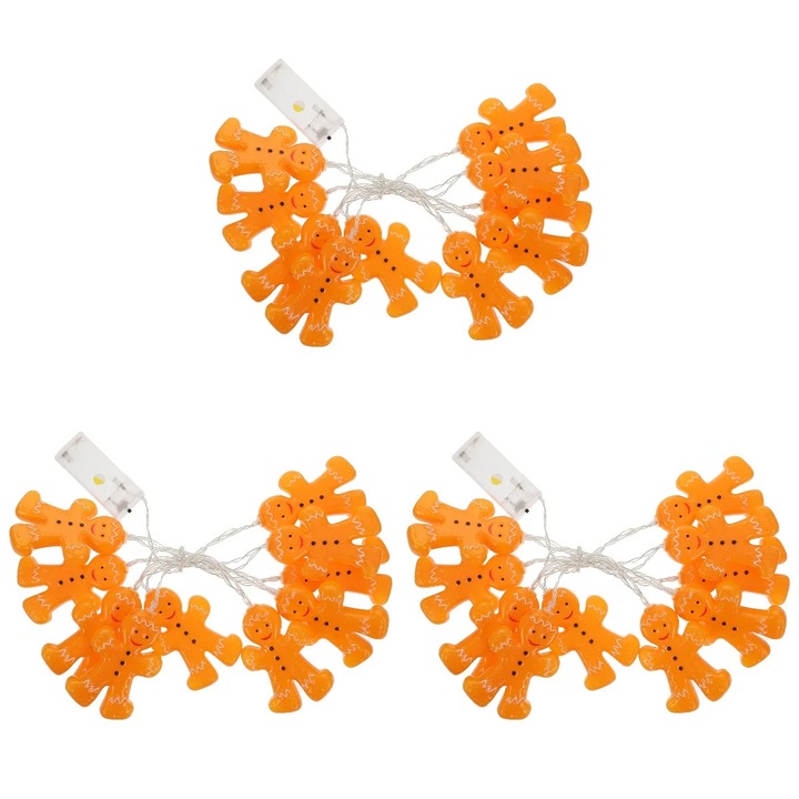 YANYXR BCS2918744 világító füzér, mézeskalács figura, 10 LED meleg fehér fény, 1,2 m, 3 x AA (4.5V) tápellátás, IP44, világosbarna, 3 db-os szett.