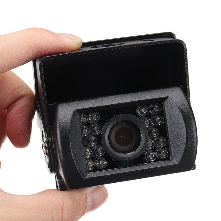 Camera de marsarier auto K0323-0807-CJ11599, 480 TVL, unghi 120°, 18 LED IR, vizibilitate nocturna 8–15 m, IP68, 12–24V, negru
