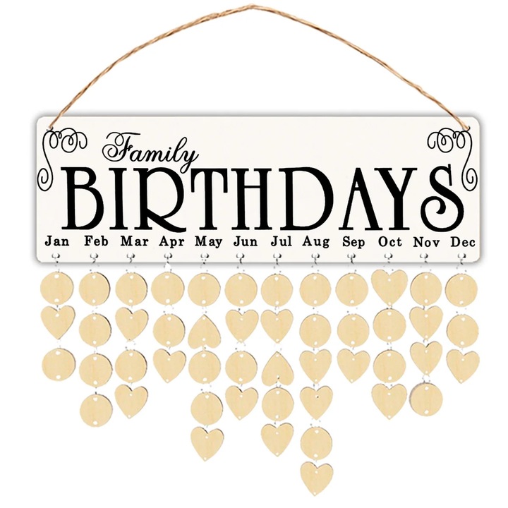 Calendar de perete pentru zile de nastere din lemn YANYXR BCS2920685, cu discuri rotunde si inimioare detasabile, montare fara scule, bej/negru, 40 x 12 x 4.4 cm