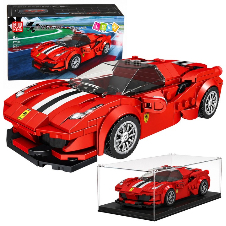 Set de constructie masina sport Lean Toys 30129, 364 piese, cu vitrina de expunere, rosu, 15,4 x 8,6 x 4,3 cm
