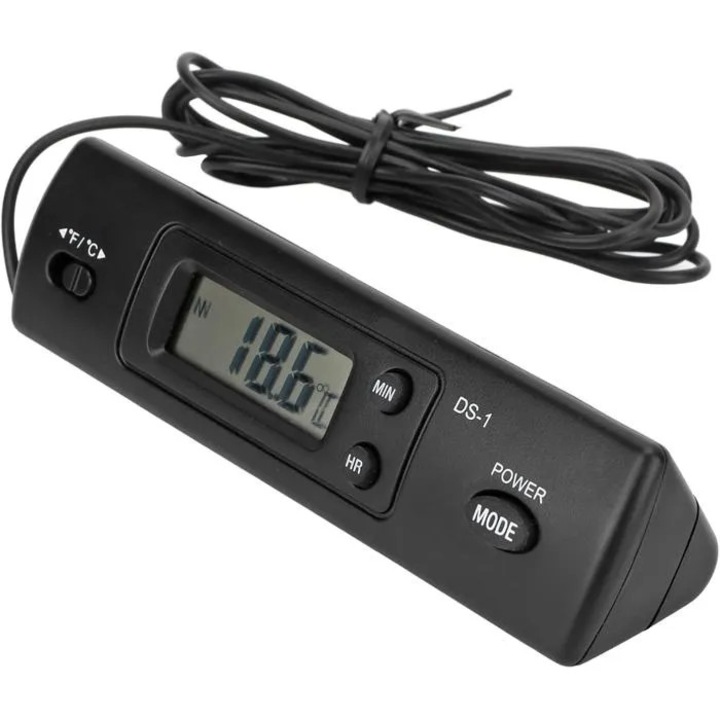 Indicator temperatura auto DS-1 k0312-0725-CD5849, ceas electronic cu 2 senzori interior/exterior, afisaj LCD, comutare °C/°F, negru