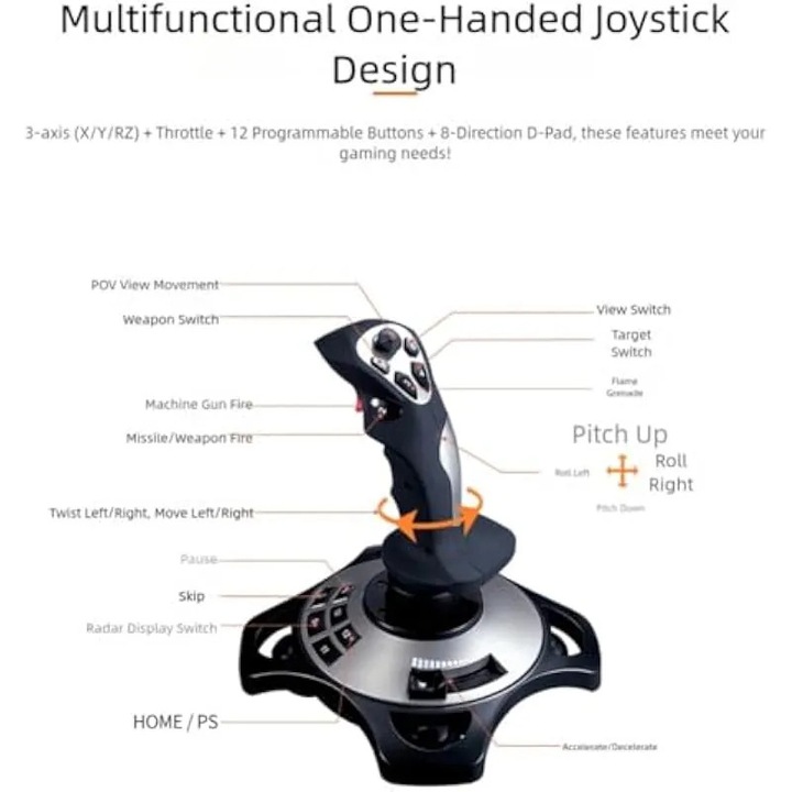 Joystick de gaming K0544-26807-1230-AMC, maneta de control one-handed, 3 axe (X/Y/RZ) + throttle, 12 butoane programabile, D-pad 8 directii, ABS, negru/argintiu, 5 x 19 x 25 cm