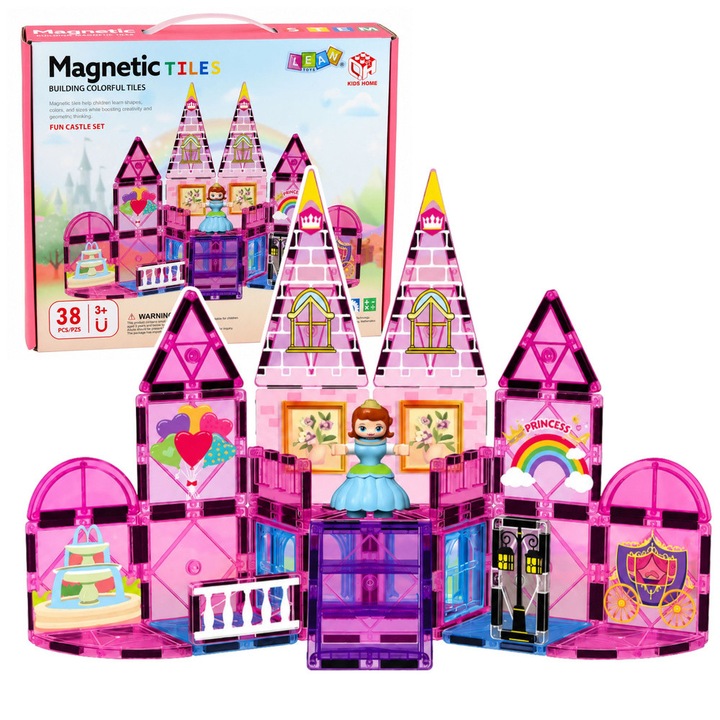 Set blocuri magnetice Lean Toys 32057, castel de printesa, 38 piese, roz