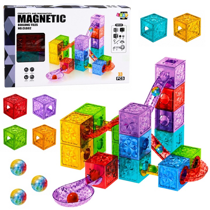 Set de constructie magnetic cu traseu pentru bile Lean Toys 32079, 33 piese, cuburi translucide din plastic 5,5 x 5,5 x 5,5 cm, multicolor