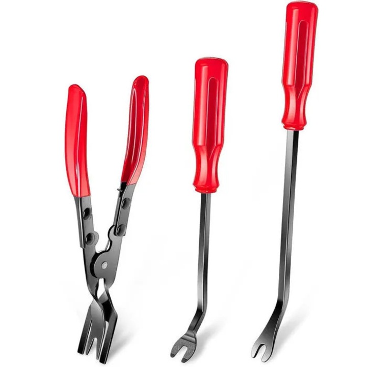 Kit scule pentru indepartat clipsuri auto k0312-0725-CD7031, cleste si 2 leviere pentru panouri de usa si bord, rosu/negru, 3 piese