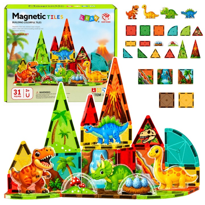 Set de piese magnetice Lean Toys 32055, tema dinozauri, set de constructie, 31 piese, multicolor, 26 x 20,5 x 6,5 cm