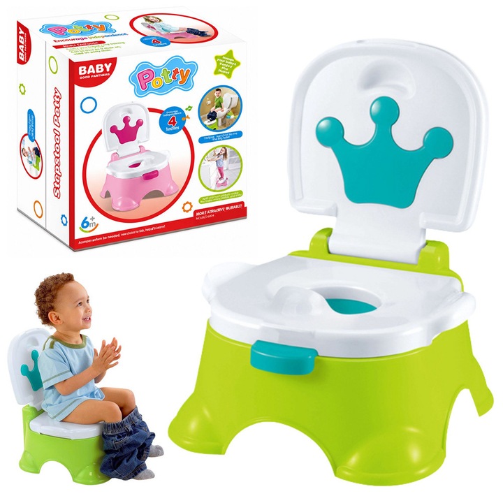 Интерактивна тоалетна седалка Lean Toys 20462 5-в-1, с адаптер за тоалетна чиния, стъпало/табуретка, подвижен контейнер и 4 мелодии, зелен/бял, 32,5 x 20 x 35 см
