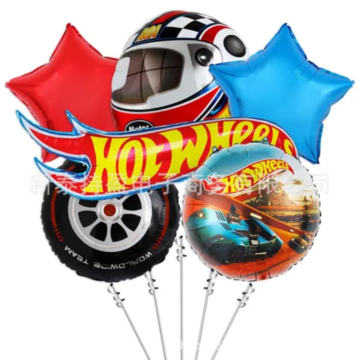 Комплект балони от алуминиево фолио Hot Wheels, 6 части (1 банер Hot Wheels, 1 колело, 1 каска, 1 кръгъл балон с кола, 1 синя звезда, 1 червена звезда), многоцветен, 45 см/18,8 см