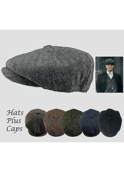 Шапка тип каскет Peaky Blinders, смесена вълна, модел рибена кост (туид), висока корона, къса козирка, Coffee, 55-58 см