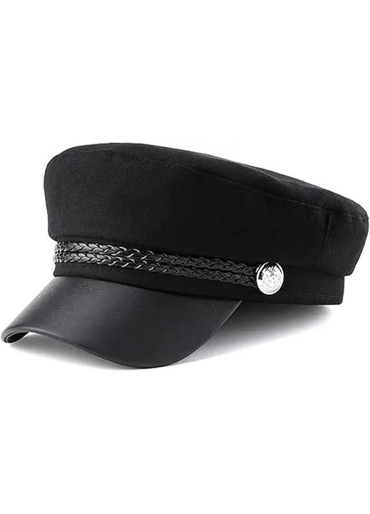 Sapca newsboy din poliester cu vizor din imitatie piele si banda impletita decorativa, negru, 56-58 cm
