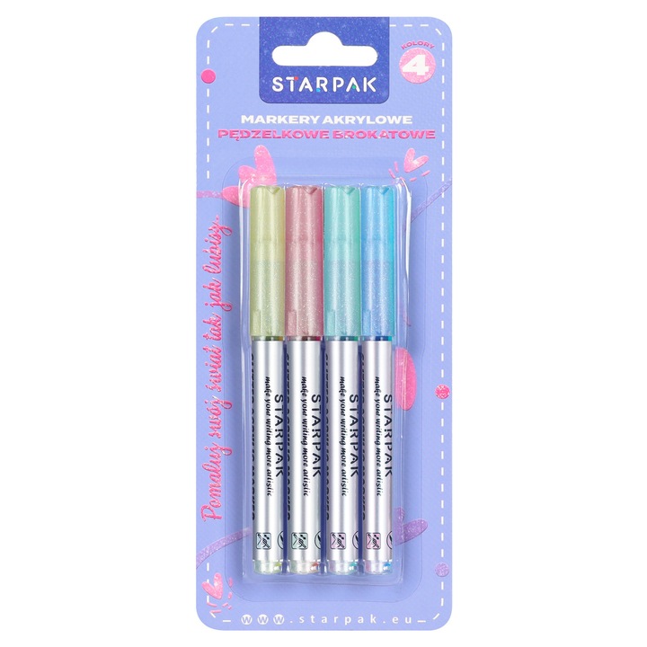 Акрилни маркери Starpak 5905523698053, с връх тип четка, с брокат, многоцветни, комплект 4 бр.