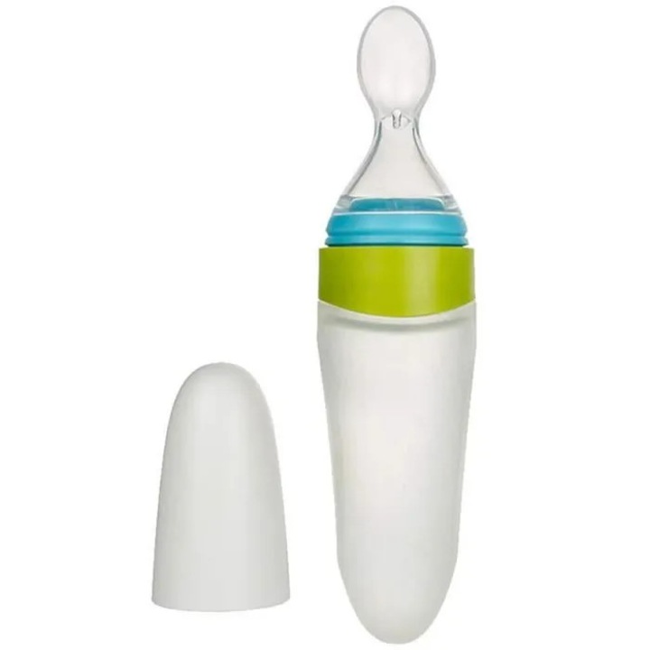 Recipient pentru hranire bebelusi din silicon cu lingura integrata, 90 ml, verde/albastru, fara BPA