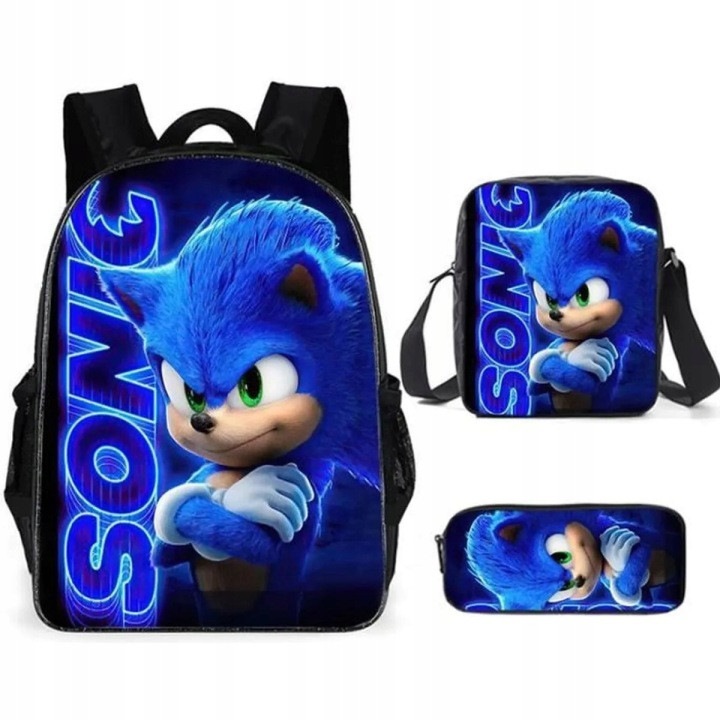 Set ghiozdan scolar 3 piese in material usor de curatat, imprimeu Sonic, albastru, compatibil A4