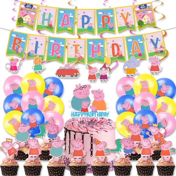 Комплект декорации за парти Peppa Pig FRU-CJK0424-260808-1050, банер "Happy Birthday", 18 балона (3x6), 12 малки интегрирани декорации, топер за торта и топери за мъфини, спирали и лепило, розов/жълт/син